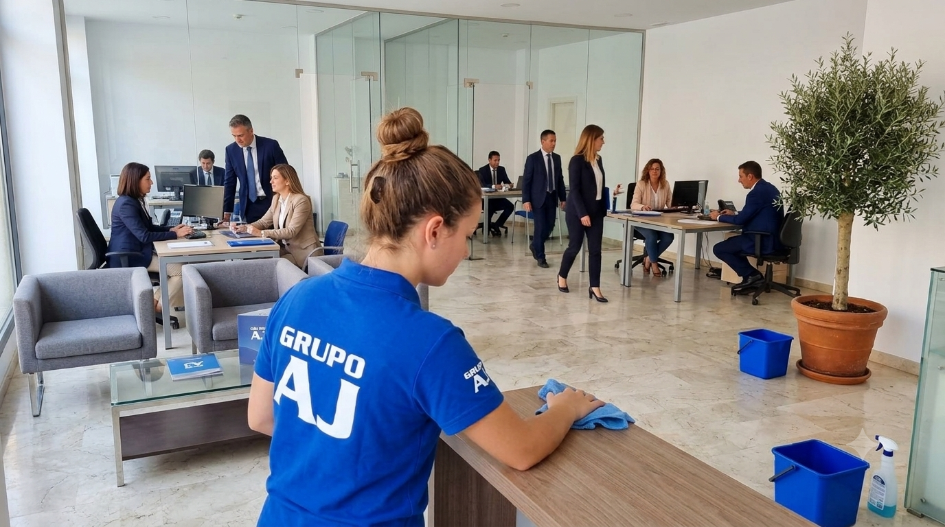 Trabajadora de limpieza de AJ Control Servicios en una oficina